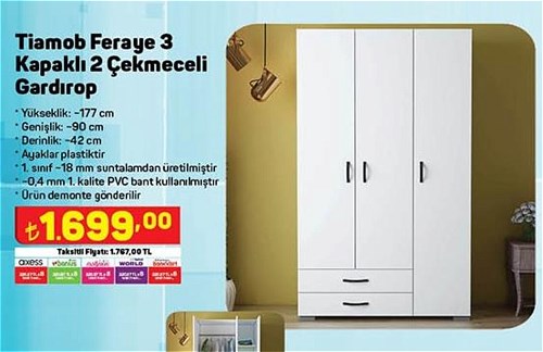 Tiamob Feraye 3 Kapaklı 2 Çekmeceli Gardırop image