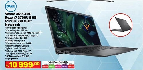 Dell Vostro 3515 AMD Ryzen 7 3700U 8 GB 512 GB SSD 15.6 inç Notebook image