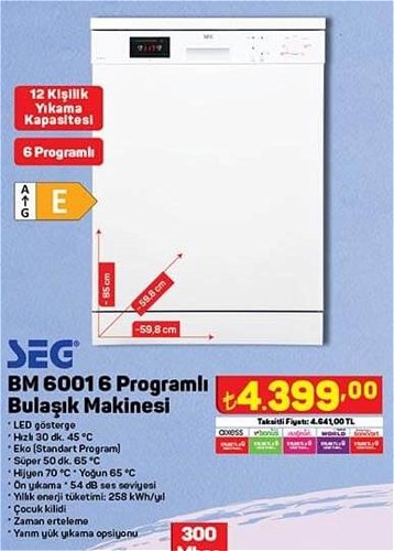 Seg BM 6001 6 Programlı E Sınıfı Bulaşık Makinesi image