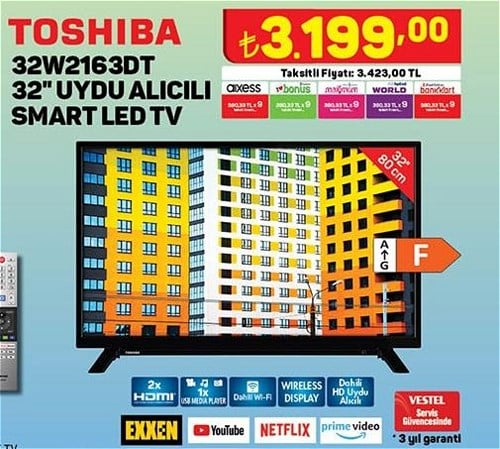 A101 Toshiba 32W2163DT 32 inç Uydu Alıcılı Smart Led Tv