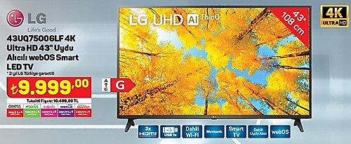 LG 43UQ75006LF 4K Ultra HD 4.3 inç Uydu Alıcılı WebOS Smart Led Tv image