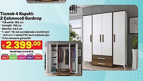 Tiamob 4 Kapaklı 2 Çekmeceli Gardırop image
