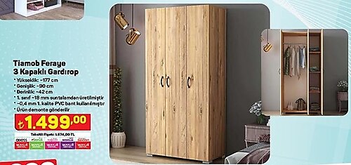 Tiamob Feraye 3 Kapaklı Gardırop image