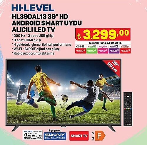 Hi-Level HL39DAL13 39 inç HD Android Smart Uydu Alıcılı Led Tv image