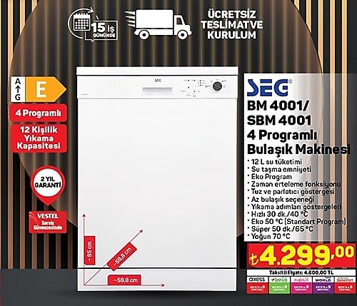 Seg BM4001/SBM 4001 4 Programlı Bulaşık Makinesi image