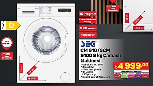 Seg CM 910/SCM 9100 9 kg Çamaşır Makinesi image