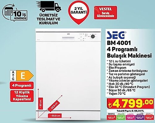 Seg BM 4001 4 Programlı Bulaşık Makinesi image