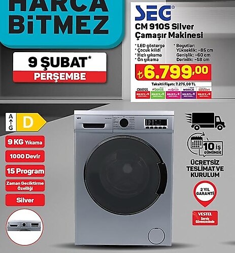 Seg CM 910S Silver 9 kg 1000 Devir D Sınıfı Çamaşır Makinesi image