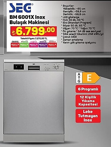 Seg BM 6001X Inox 6 Programlı E Sınıfı Bulaşık Makinesi image