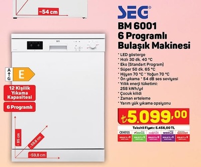 SEG BM 6001 6 Programlı E Sınıfı Bulaşık Makinesi image