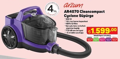 Arzum AR4070 Cleancompact Cyclone Süpürge 890 W image