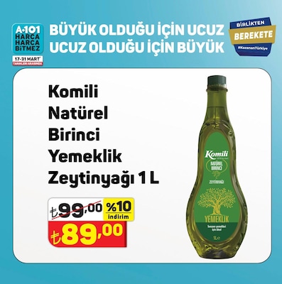 Komili Natürel Birinci Yemeklik Zeytinyağı 1 l image