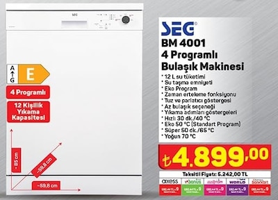 Seg BM 4001 4 Programlı E Sınıfı Bulaşık Makinesi image