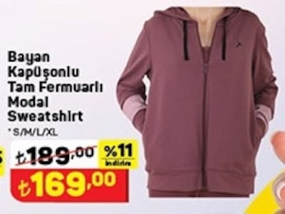 Bayan Kapüşonlu Tam Fermuarlı Modal Sweatshirt image