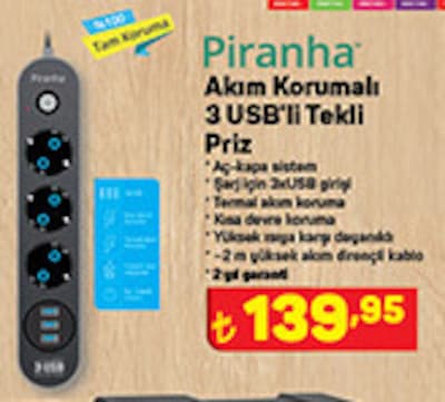 Piranha Akım Korumalı 3 USB'li Tekli Priz image