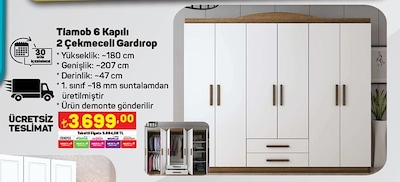 Tiamob 6 Kapılı 2 Çekmeceli Gardırop image