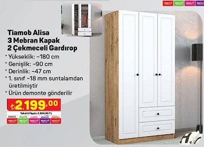 Tiamob Alisa 3 Mebran Kapak 2 Çekmeceli Gardırop image