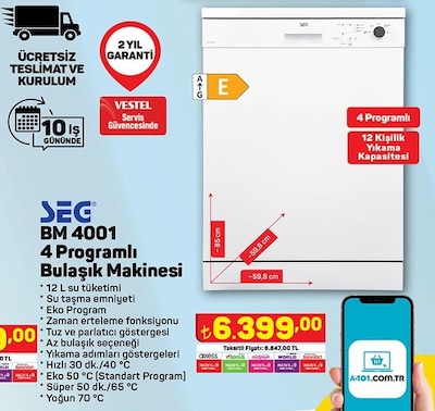 Seg BM 4001 4 Programlı Bulaşık Makinesi image