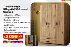 Tiamob Feraye 3 Kapaklı İki Çekmeceli Gardırop 177x90x42 cm image