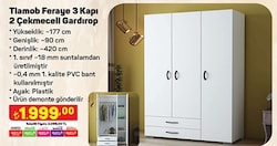 Tiamob Feraye 3 Kapaklı İki Çekmeceli Gardırop 177x90x420 cm image