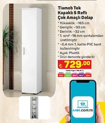 Tiamob Tek Kapak 5 Raf Çok Amaçlı Dolap 165x30x32 cm image