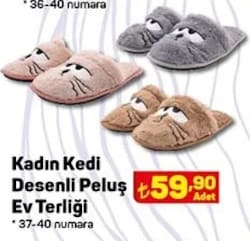 Juno Kadın Kedi Desenli Peluş Ev Terliği image