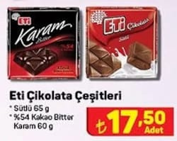 Eti Çikolata Çeşitleri Sütlü 65 g / %54 Kakao Bitter Karam 60 g image