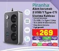 Piranha Akım Korumalı 2 USB/1 Type-C'li Uzatma Kablosu image
