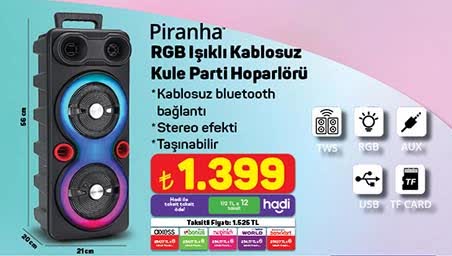 Piranha RGB Işıklı Kablosuz Kule Parti Hoparlörü image
