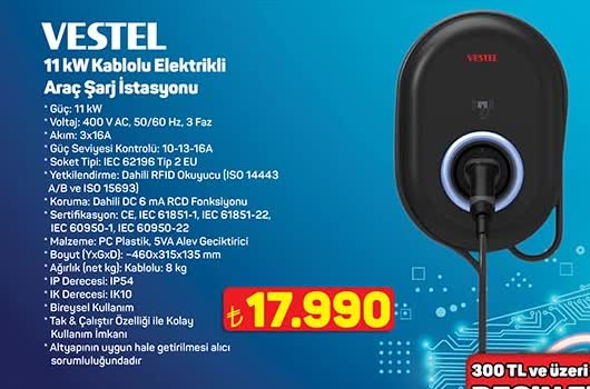 VESTEL 11 kW Kablolu Elektrikli Araç Şarj İstasyonu image