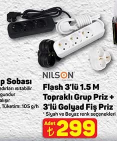Nilson Flash 3'lü 1.5 M Topraklı Grup Priz + 3'lü Golyat Fiş Priz image