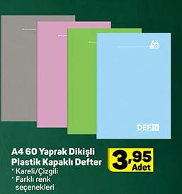 A4 60 Yaprak Dikişli Plastik Kapaklı Defter image