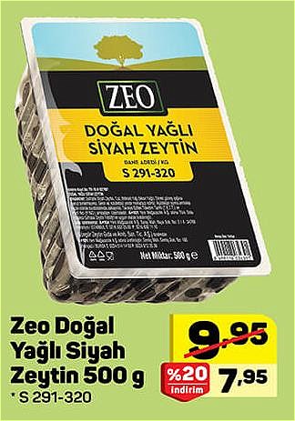 Zeo Doğal Yağlı Siyah Zeytin 500 g S 291-320 image