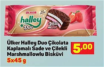 Ülker Halley Duo Çikolata Kaplamalı Sade ve Çilekli Marshmallowlu Bisküvi 5x45 g image