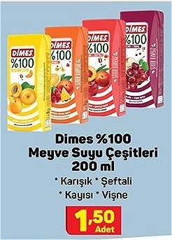 Dimes %100 Meyve Suyu Çeşitleri 200 ml image