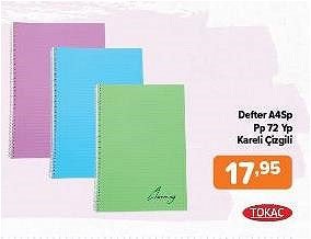 Tokaç A4 Sp Pp 72 Yp Kareli Çizgili Defter  image