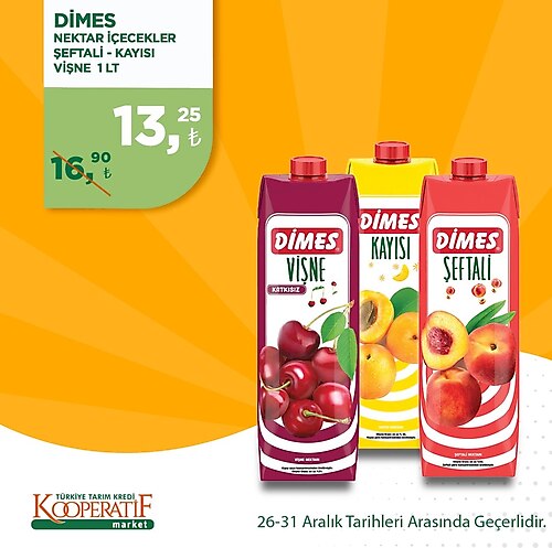 Tarım Kredi Kooperatifi Dimes Nektar İçecekler Şeftali / Kayısı / Vişne 1 lt