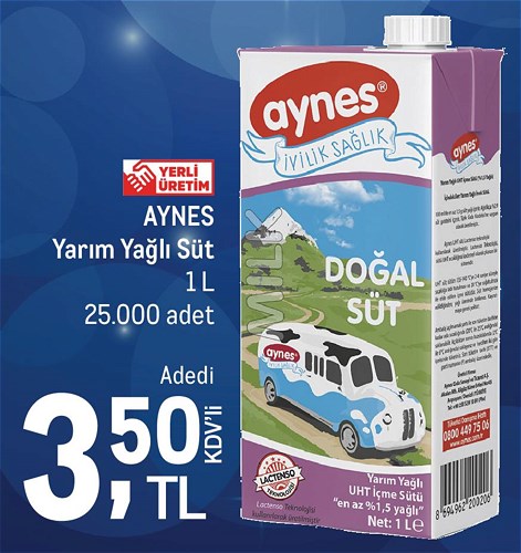 Aynes Yarım Yağlı Süt 1 l image