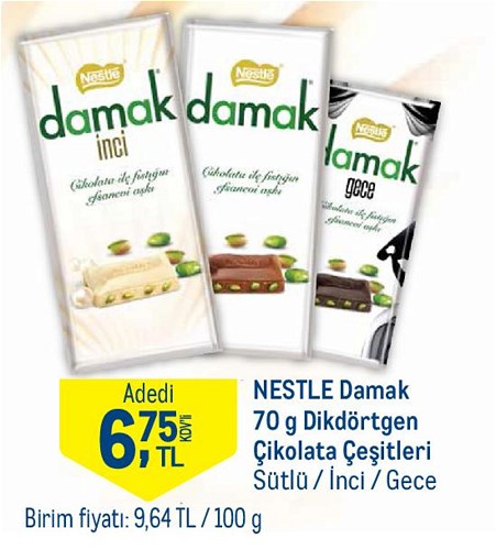 Nestle Damak 70 g Dikdörtgen Çikolata Çeşitleri Sütlü / İnci / Gece image