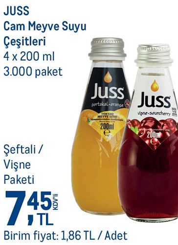 Juss Cam Meyve Suyu Çeşitleri 4 x 200 ml Şeftali / Vişne image