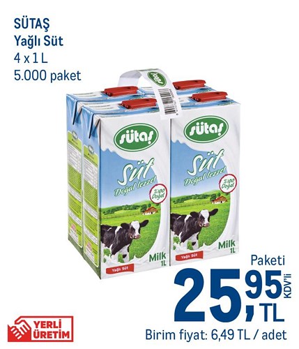 Sütaş Yağlı Süt 4x1 L image