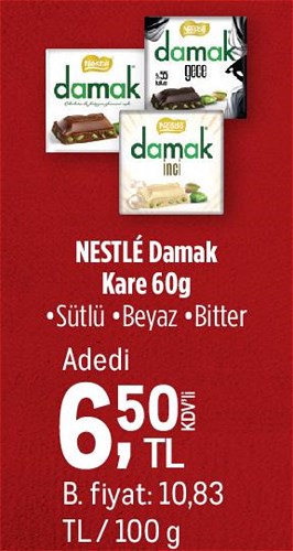 Nestle Damak Kare Sütlü/Beyaz/Bitter 60g image