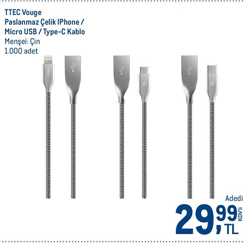 Ttec Vouge Paslanmaz Çelik Iphone Micro USB/Type-C Kablo image