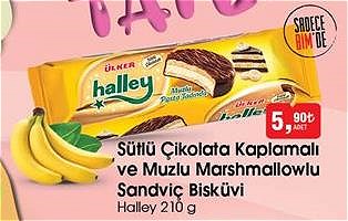 Halley Sütlü Çikolata Kaplamalı ve Muzlu Marshmallowlu Sandviç Bisküvi 210 g image