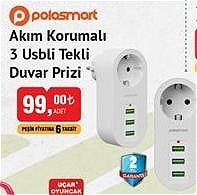 Polosmart Akım Korumalı 3 Usbli Tekli Duvar Prizi image