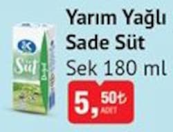 Sek Yarım Yağlı Sade Süt 180 ml image
