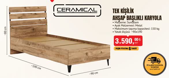 Ceramical Tek Kişilik Ahşap Başlıklı Karyola image