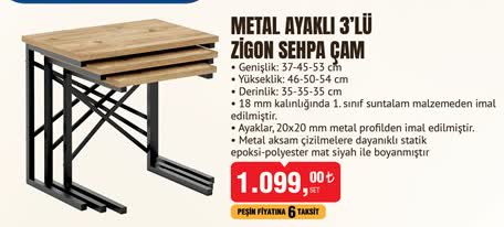 Ceramical Metal Ayaklı 3'Lü Zigon Sehpa Cam image