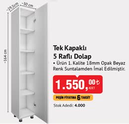 Tek Kapaklı 5 Raflı Dolap 18mm Opak Beyaz image