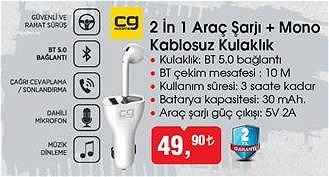 Cg 2 İn 1 Araç Şarjı+Mono Kablosuz Kulaklık image